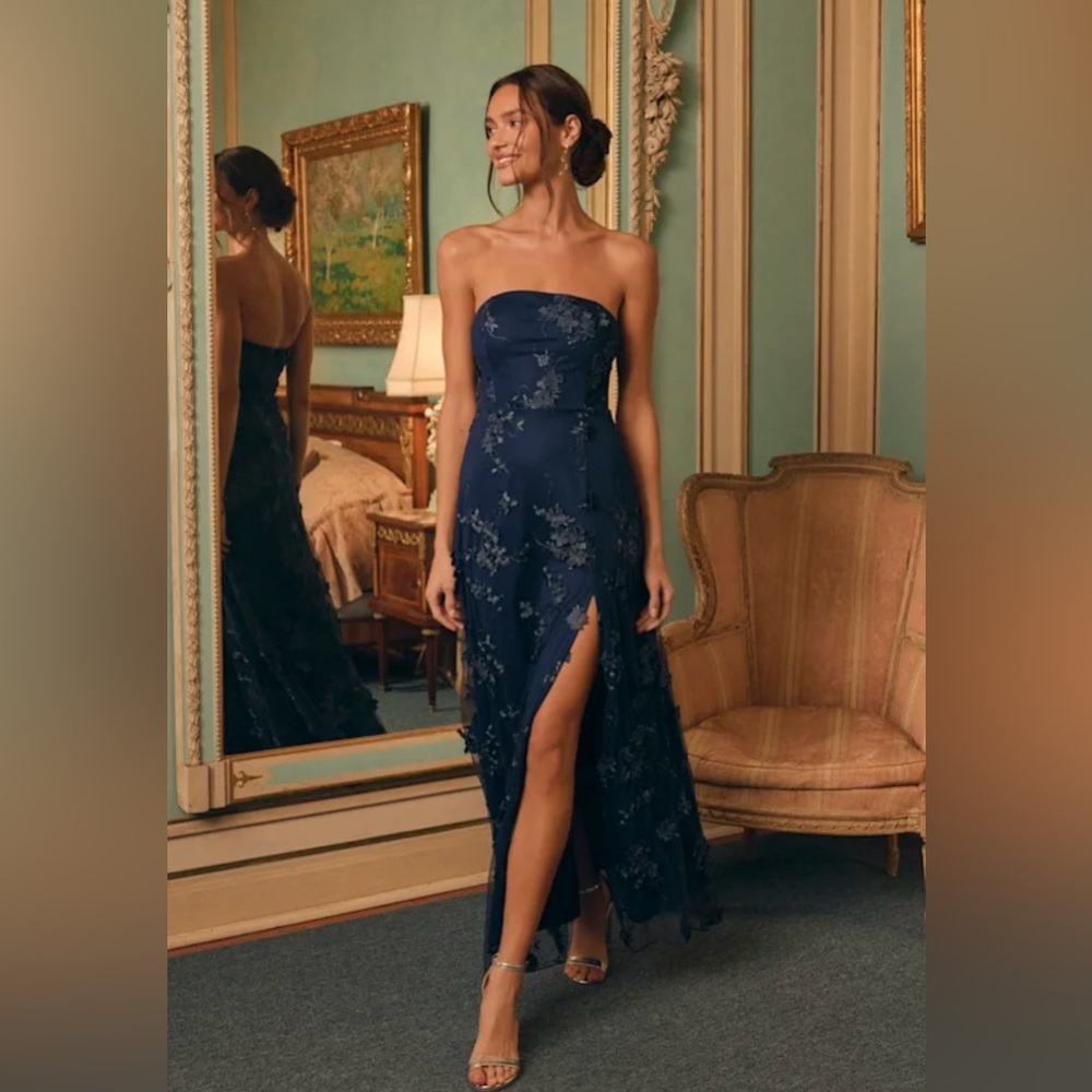 Lulu's Navy Strapless Lace Evening Gown with High Slit